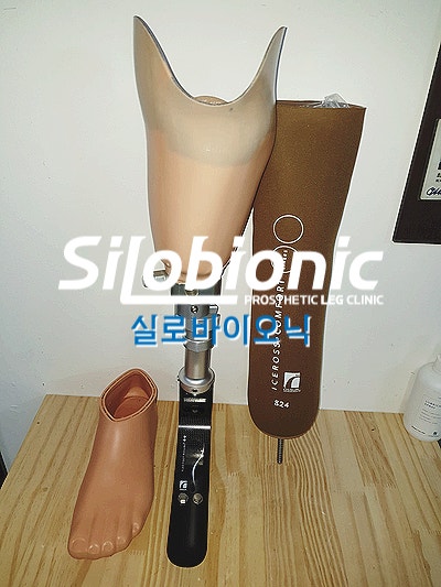 나무 받침 위에 놓인 하퇴 의족 소켓, 탄소섬유 발, 라이너, 발 모양 커버